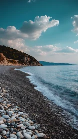 Rocky shoreline curves under teal sky and soft clouds.