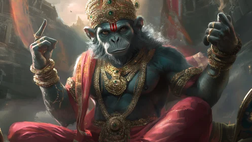 Anthropomorphic simian deity in jeweled regal armor under cinematic haze