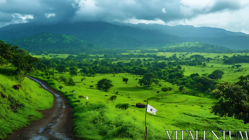 Lush monsoon valley with winding dirt road and hills.