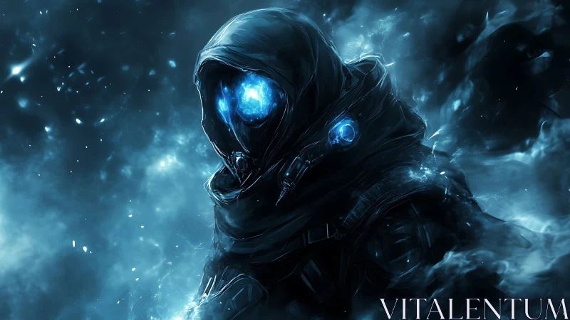 Hooded astral operative emerges amid luminous nebular haze