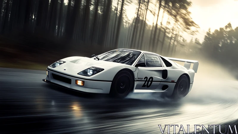 White racing sports car on wet forest road in motion view.