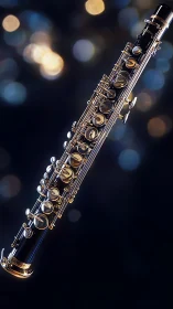 Glossy clarinet close-up against glowing bokeh backdrop.