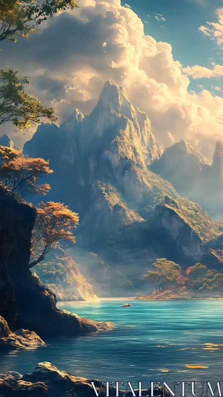 Sunlit alpine spires rising above tranquil turquoise lake