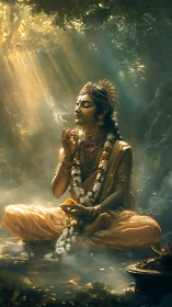 Golden forest deity inhales incense and cradles quiet dawn