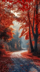 Crimson Autumn Pathway Through Red Woodland Forest