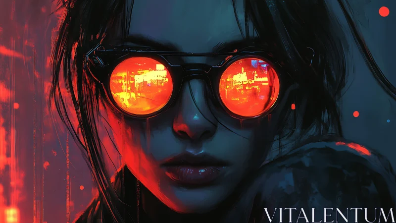 Neon-drenched hacker gazes through molten city goggles.