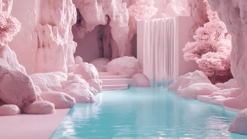 Pastel cavern waterfall frames tranquil turquoise pool.