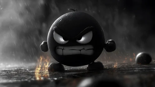 Angry black cartoon bomb strides through rain and sparks.