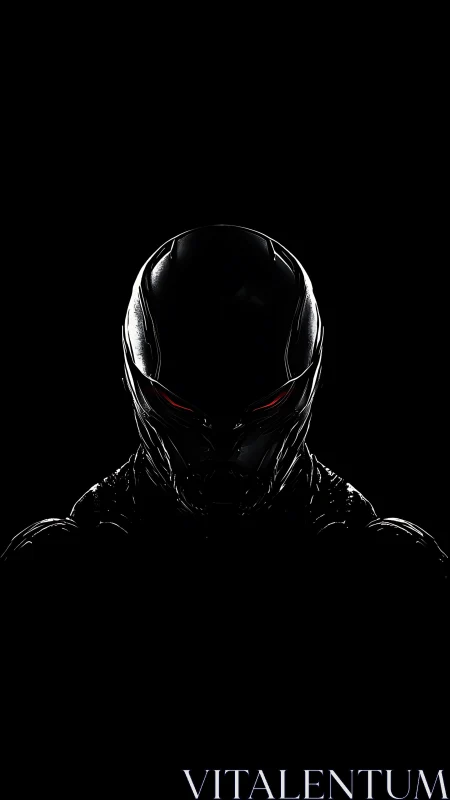 Shadowed cybernetic helmet emerges with ominous red glare.
