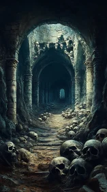 Mysterious skull-lined catacomb hallway bathed in eerie glow.