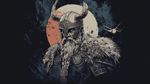 Grim viking warrior portrait before red and white moon.