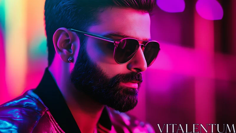 Neon-lit portrait captures stylish man in reflective shades.