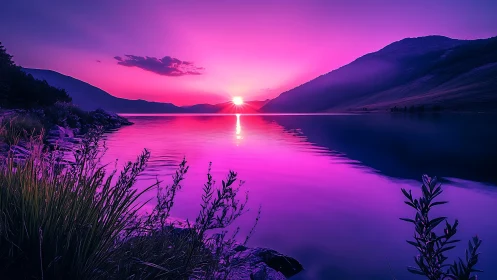 Vibrant magenta sunset illuminates tranquil mountain lake