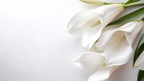 White calla lilies with golden stamens displayed on light backdrop.