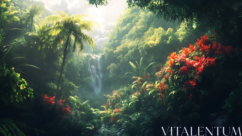 Tropical Jungle Canyon with Waterfall and Red Flowers.