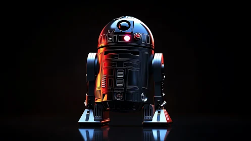 Metallic dome-headed robot droid on dark reflective surface.