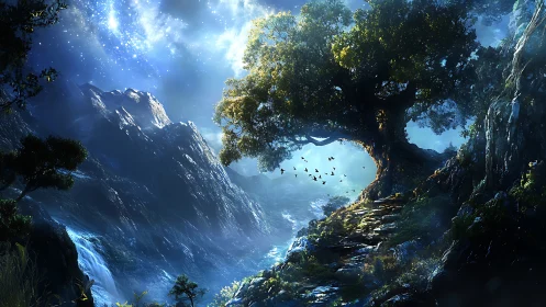 Star-soaked valley path beneath the lone dreaming tree.