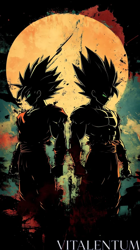 Silhouetted spiky haired warriors before textured moon disk.