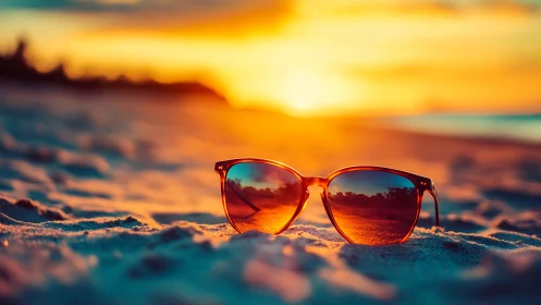 Sunglasses rest on sunlit beach sand during vivid sunset