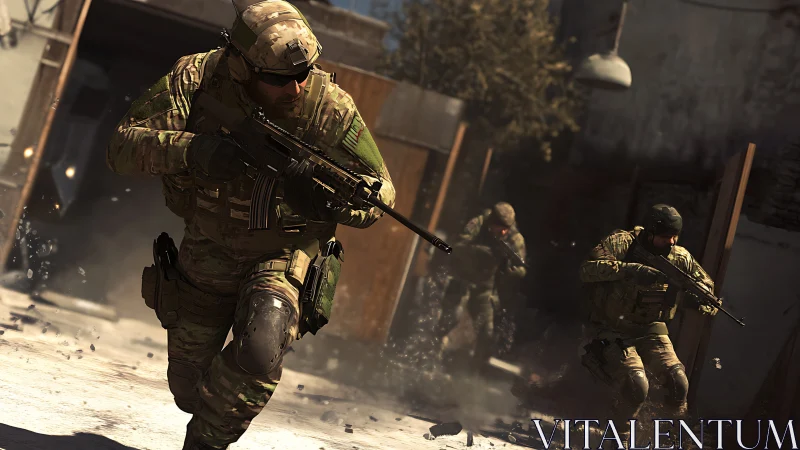 Tactical infantry squad advancing under urban suppressive fire.