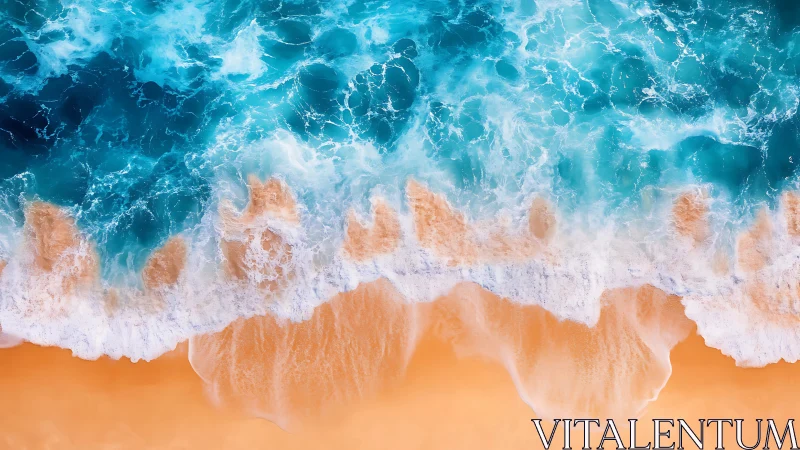 Aerial surf crashes over glowing peach tropical shoreline.