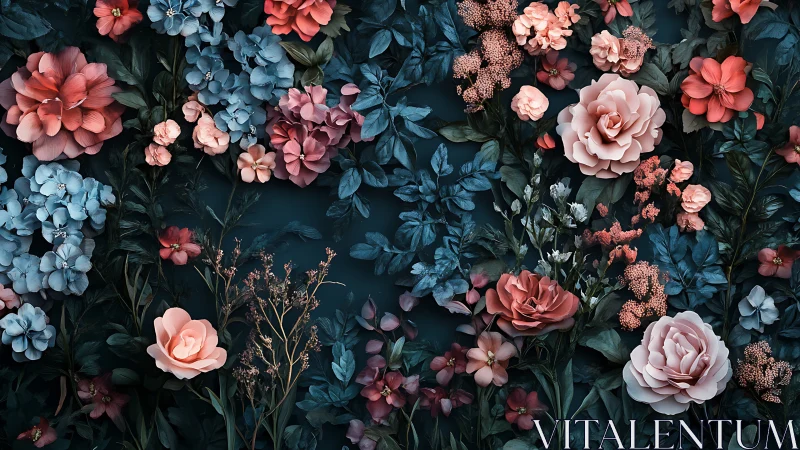 Moody Floral Garden with Coral and Blue Blooms.