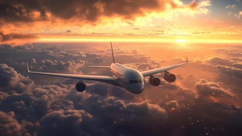 Sunset skies embrace a peaceful jet crossing soft clouds.