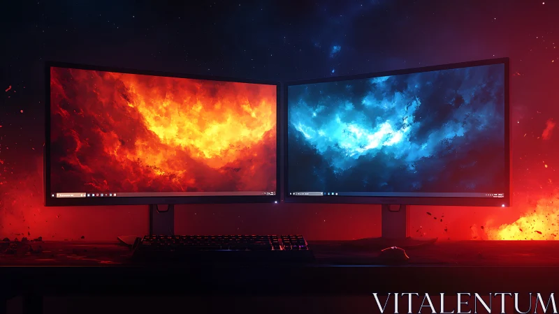 Dual gaming monitors with fiery and cool nebula contrasts.
