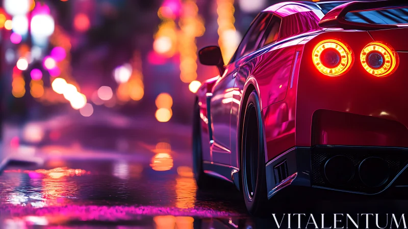 Rear-lit performance coupe in neon-soaked wet boulevard nightscape.