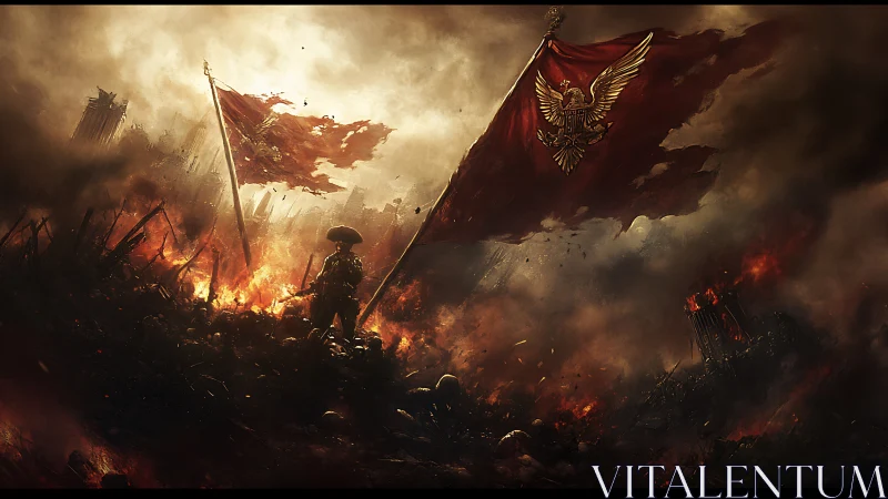 Lone war captain beneath burning crimson empire banners.