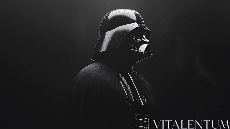 Specular side-profile of armored masked figure in void field.