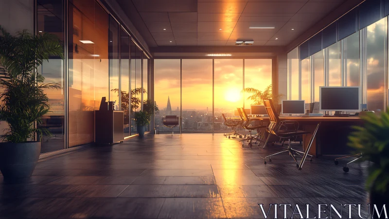 Sunlit corporate workspace overlooks a glowing urban skyline