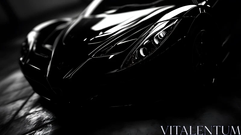 Black performance car in dramatic low key lighting.