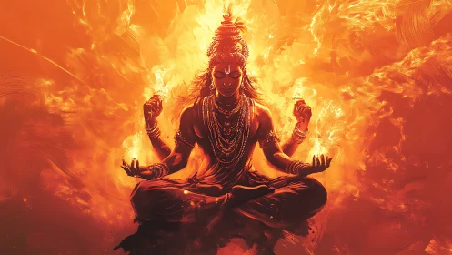 Fiery meditative deity rendered in luminous digital chiaroscuro