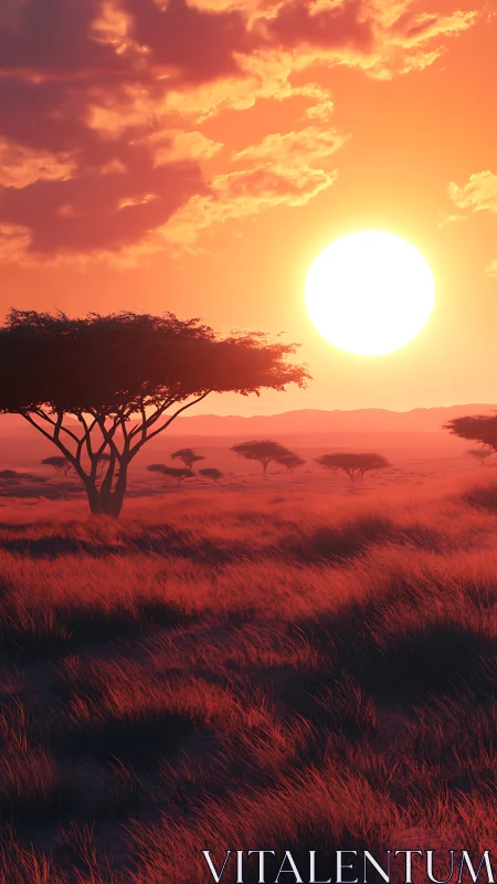 Volumetric-lit savanna sunset with acacia silhouettes and dense grass