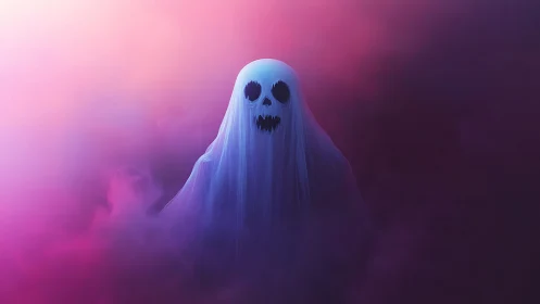 Softly glowing ghost drifts through neon pink and purple mist.
