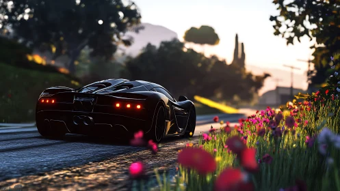 Black hypercar accelerates along flower-lined country road