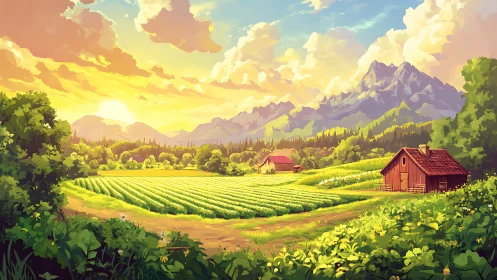 Sunlit valley farm dreams beneath storybook mountain skies.
