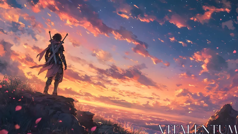 Sword-bearing wanderer overlooks radiant sunset horizon