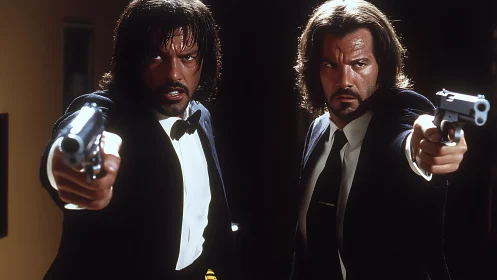 Suit-clad enforcers in a tense, neo-noir standoff moment.