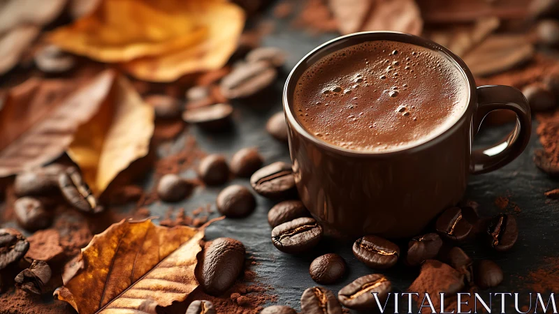 Steaming cup of coffee rests amid autumn leaves and beans