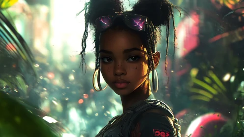 Cyber jungle heroine in golden bokeh-lit foliage portrait.