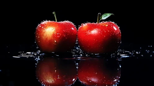 Twin scarlet apples crowned in glittering midnight droplets.