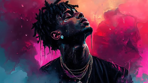 Neon drenched portrait of man in upward gaze with dripping paint