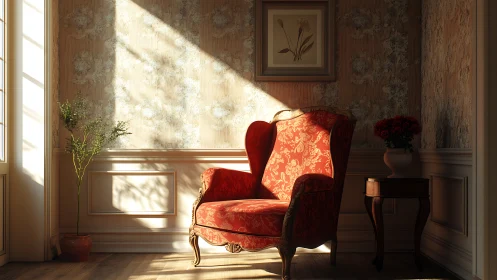 Sunlit red armchair in classical interior with strong directional light