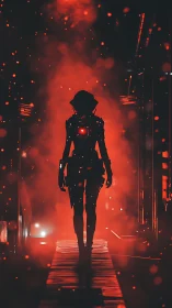 Silhouetted cyborg walks through red illuminated corridor