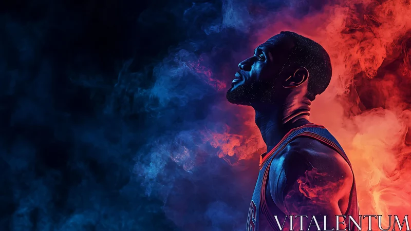 Digital painting profile portrait in dual-color smoke field.