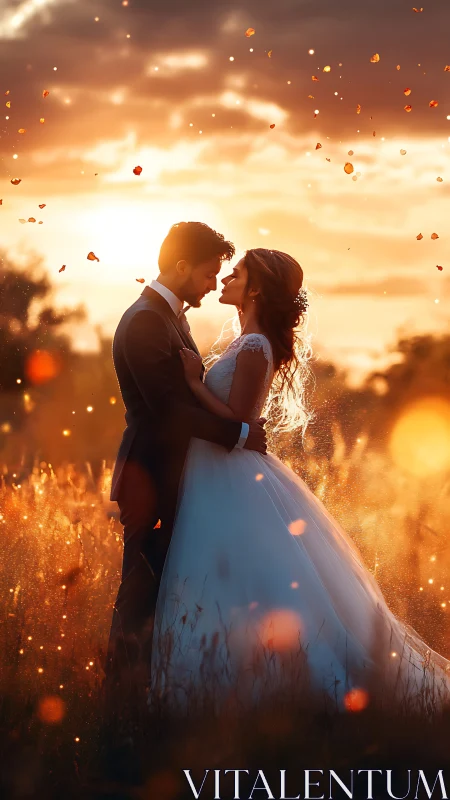 Backlit wedding couple in golden hour field with drifting petals