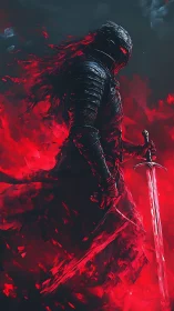 Armored dark knight stands in red flames holding sword
