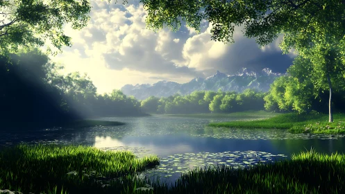 High dynamic range forest lake with backlit foliage and peaks